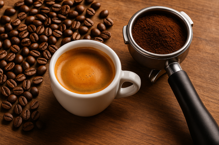 roasted coffee beans, prepared for espresso