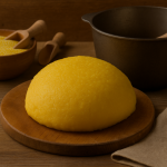 mamaliga pregatita pentru servire pe un tocator de lemn, bol pentru mix mamaliga si malai in recipient de lemn