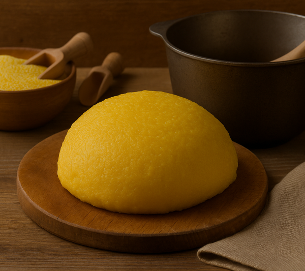 mamaliga pregatita pentru servire pe un tocator de lemn, bol pentru mix mamaliga si malai in recipient de lemn