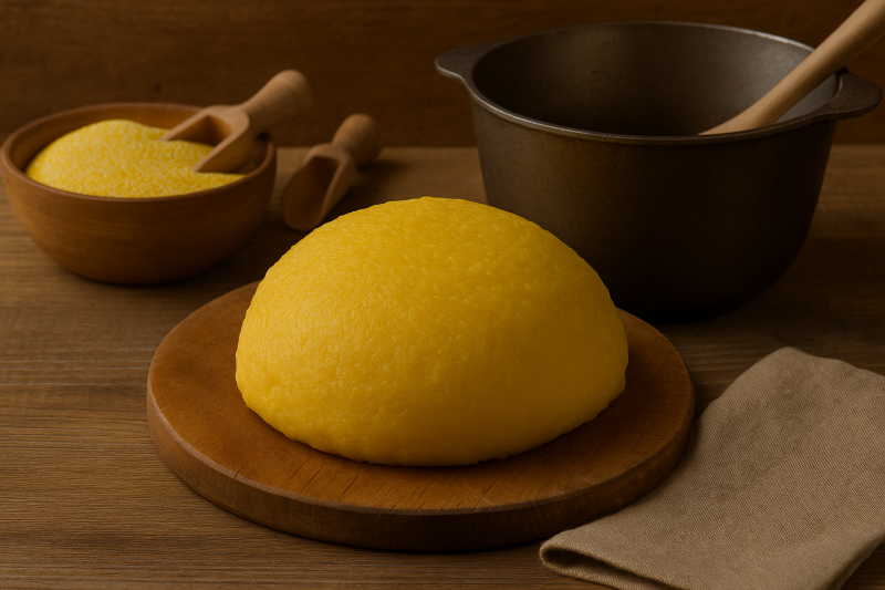 mamaliga pregatita pentru servire pe un tocator de lemn, bol pentru mix mamaliga si malai in recipient de lemn