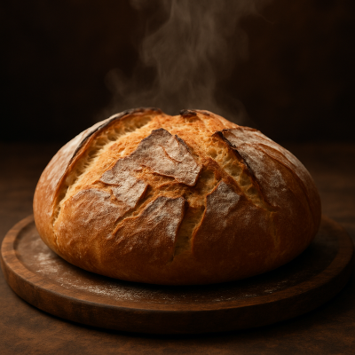 Fresh homemade bread just out of the oven, with golden crust and rustic texture.