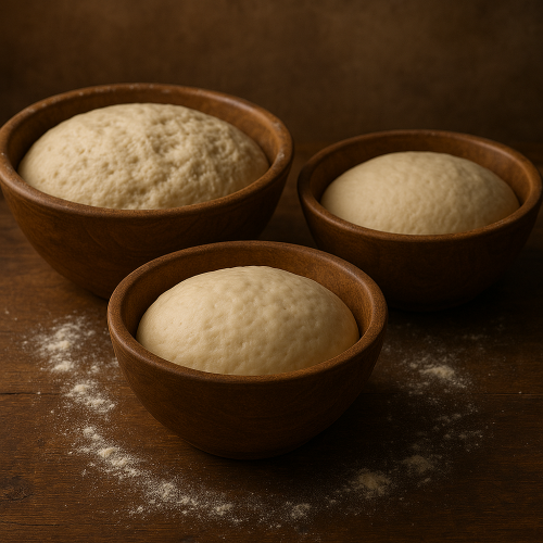 Bowls with different doughs rising – bread, pizza, and pie dough.