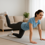 woman positioned on a yoga mat, doing exercises with her own body weight
