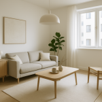 decor minimalist intr-o camera mica: canapea, masuta cafea, fotoliu si elemente de decor simplu - tablou rama ingusta