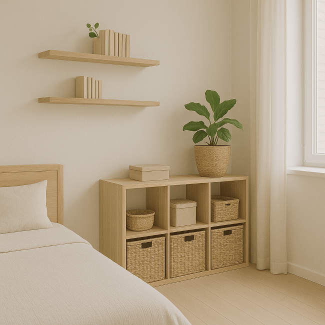 storage boxes and baskets hidden in furniture, together with floating shelves