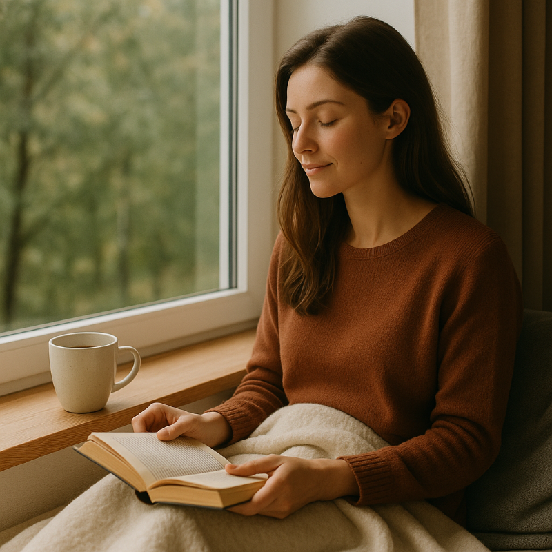 relaxed woman, with a blanket on her, by the window - with a cup of tea and a book in her hand, reading
