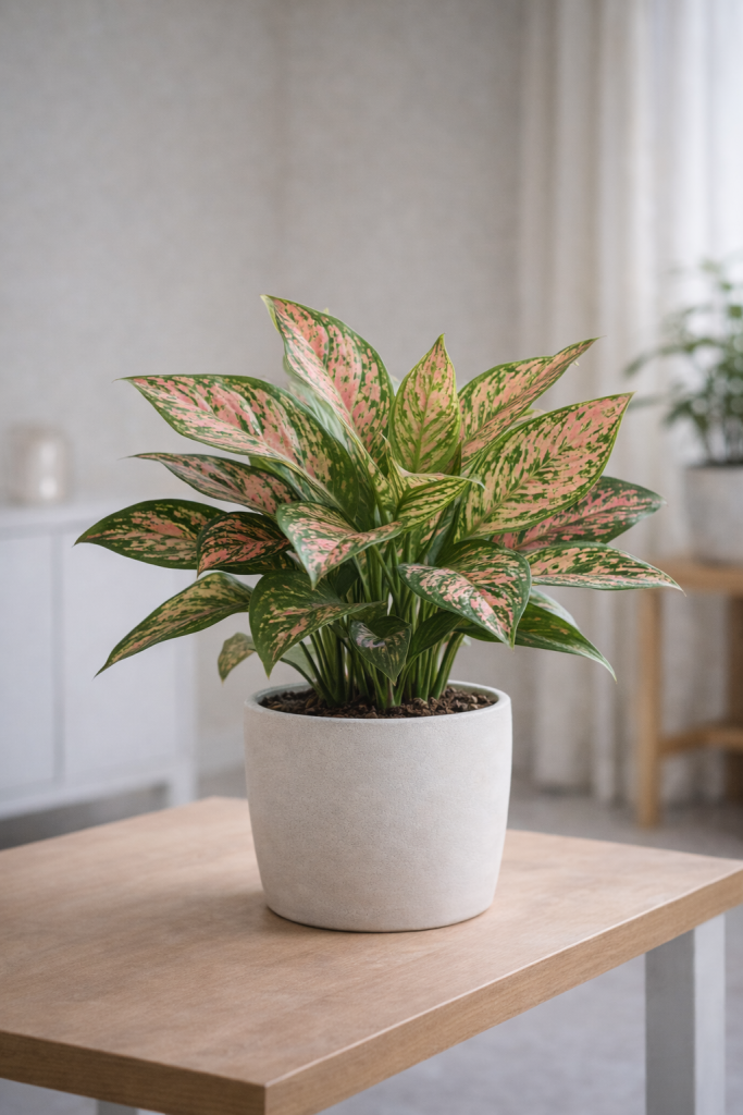 Aglaonema on wooden table