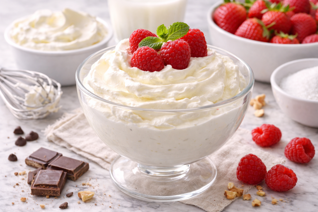 Desert cu cremă mascarpone și zmeură