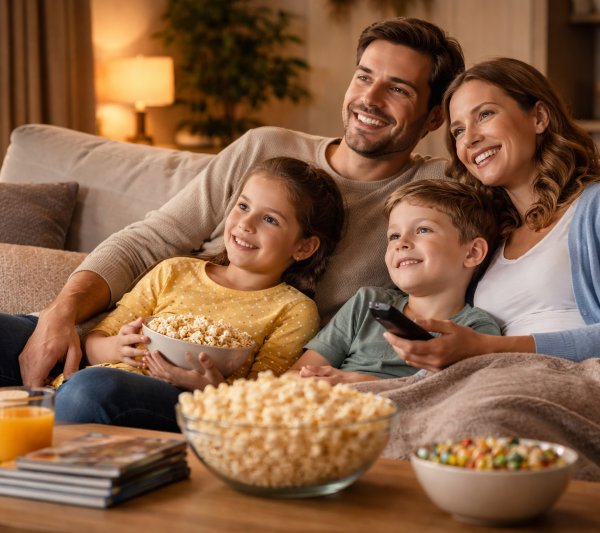 Happy family in front of the TV
