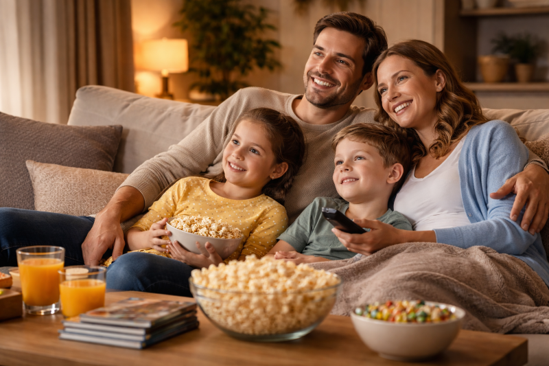 Happy family in front of the TV