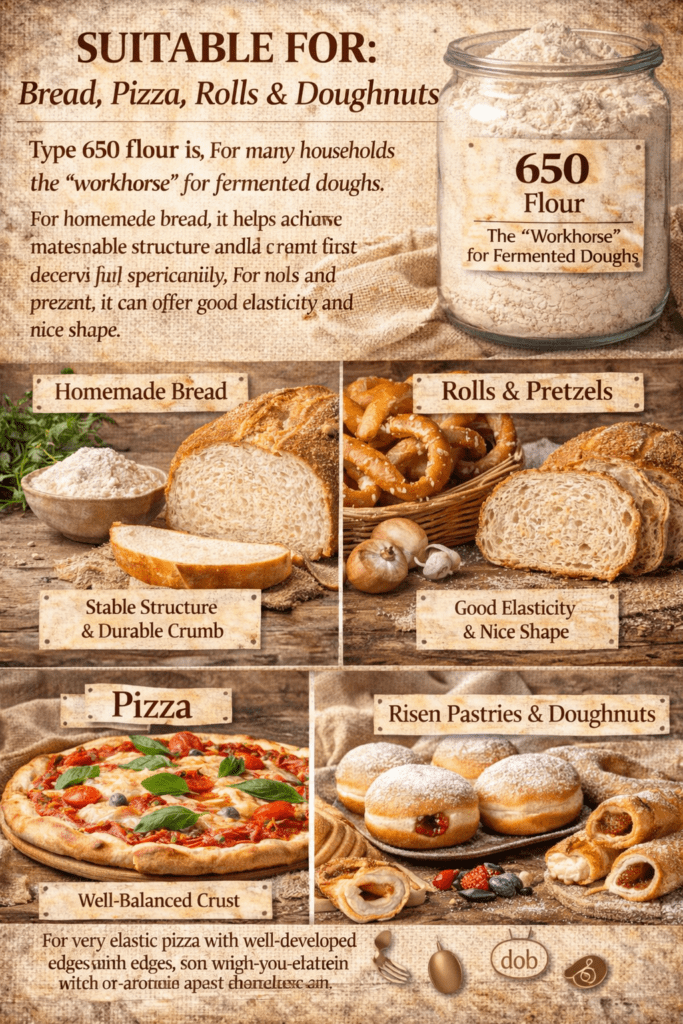 650 flour is suitable for bread, pizza dough, rolls and doughnuts