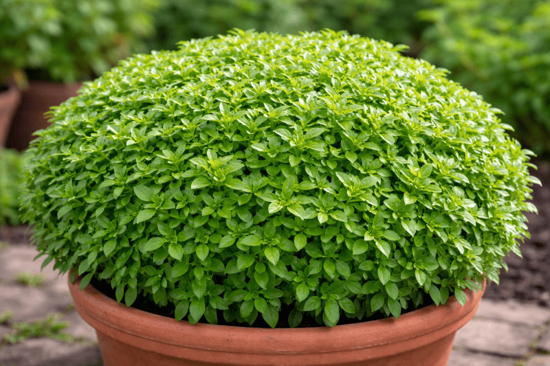 Greek basil in terracotta pot