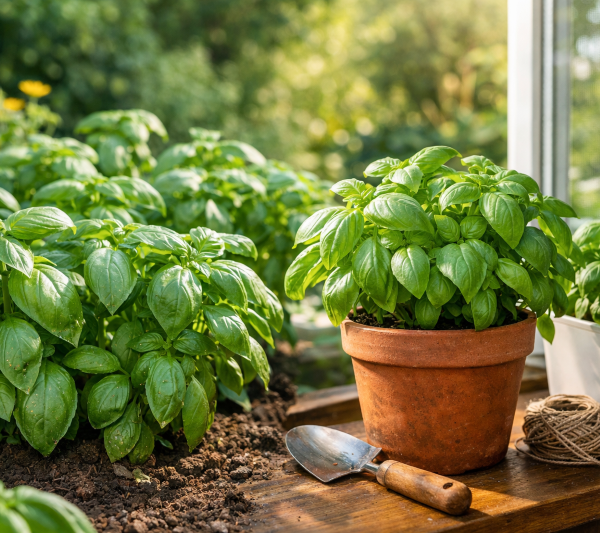 Basil in the garden and hardware store