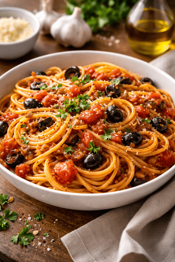 Pasta with Tomato, Garlic, and Olives Sauce