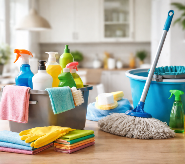 Cleaning products arranged neatly on wooden countertop