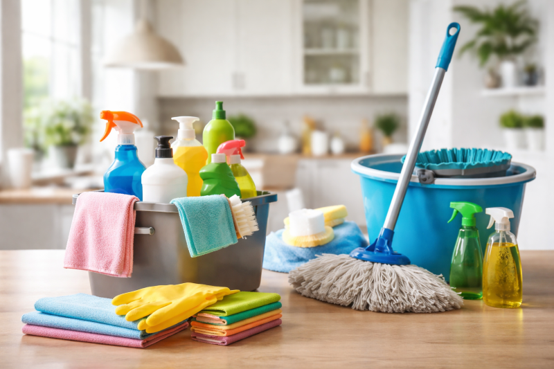 Cleaning products arranged neatly on wooden countertop