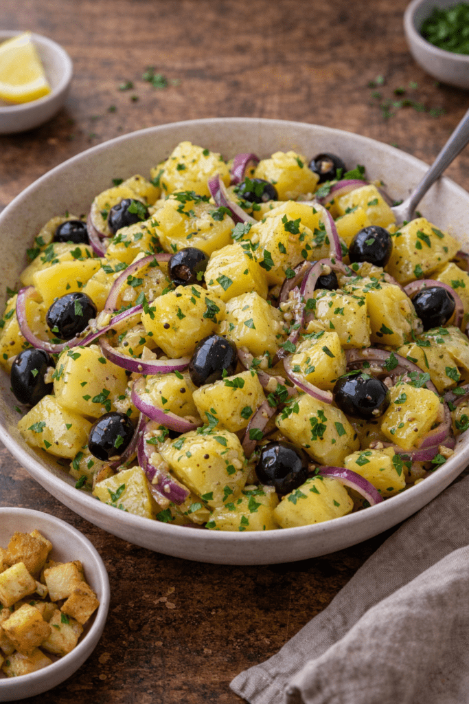 Warm Potato Salad with Onion and Olives for fasting
