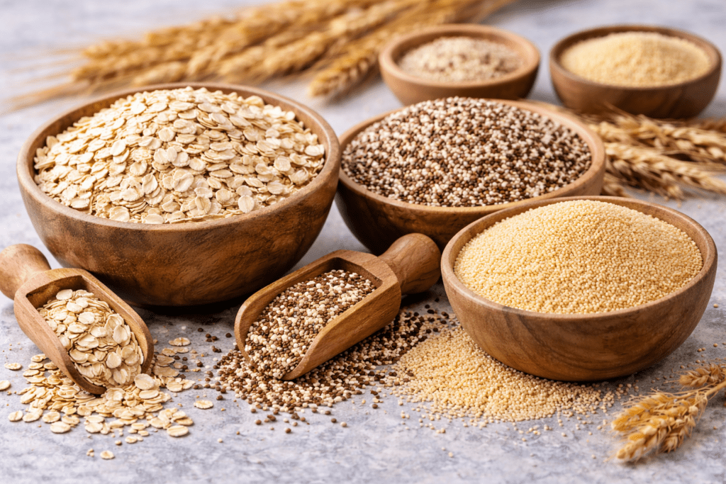 wooden bowl with natural cereals like Oats, quinoa and Amaranth