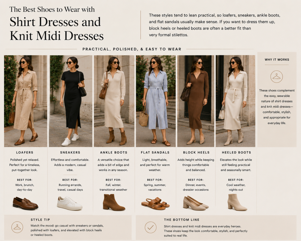 outfit ideas with various shoe combinations for shirt dress and knit midi dress