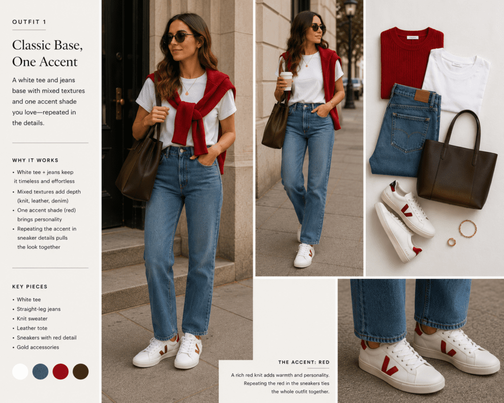 outfit style guide with red accents