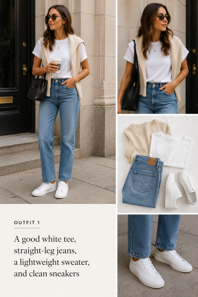 urban casual outfit with white tee, straight leg jeans and white sneakers