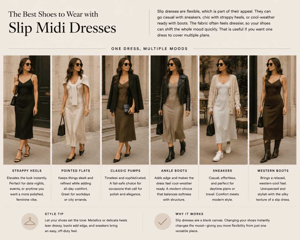 various shoe combinations for a slip midi dress