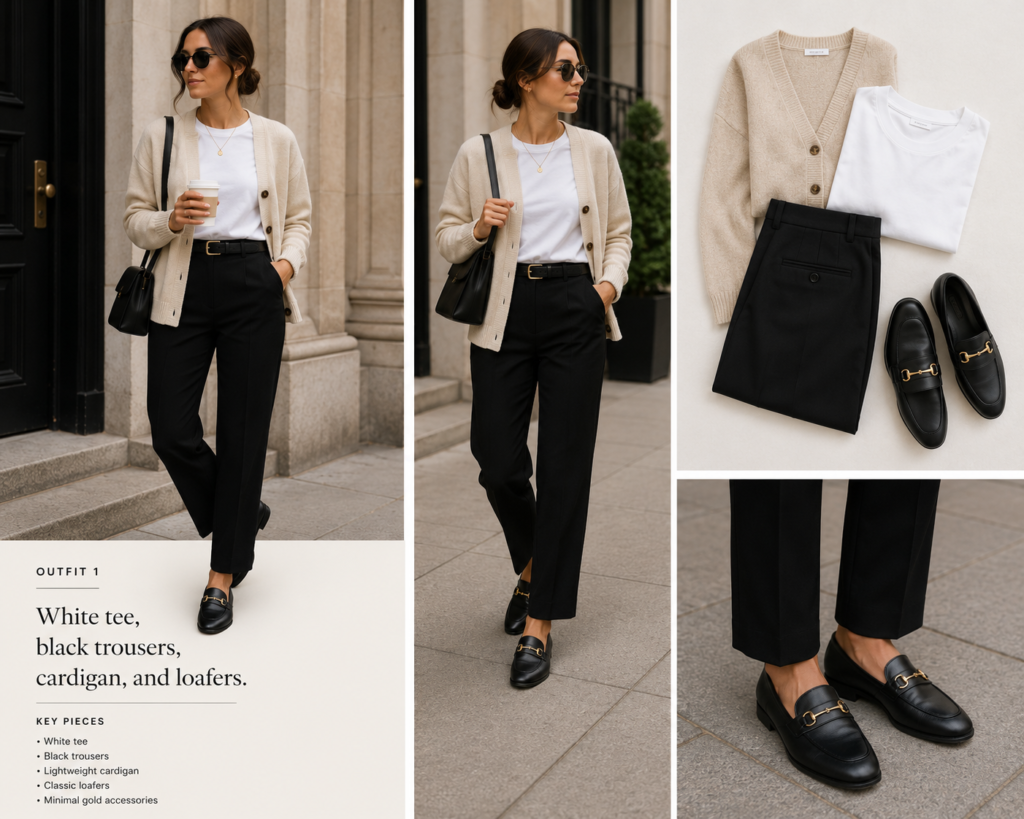 white tee outfit with black trousers, cardigan and loafers for a relaxed weekend day out